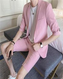 2021 Summer Beach Men Suits Pink Middle Sleeve Short Pants Wedding Suits Custom Made Slim Fit Casual Tuxedo Blazer Prom Mens 3731766
