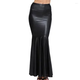 Skirts Women's PU Leather Fold Midi Long Skirt Sexy Black Matte Slim Ankle-Length Fashion Street Wear Flared Fishtail 2024 Summer