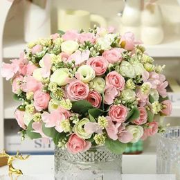 Decorative Flowers Artificial Roses Bouquet Bedroom Balcony Silk Champagne Pink Fake Green Plant Office Decoration Imitation Rose Hydrangea
