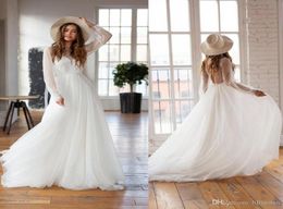 2019 Summer Beach Sexy Open Back Reception Gowns A Line Romantic Bohemian Bridal Gowns Lace Boho Wedding Dresses Long Sleeve Weddi7964599