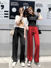 Women's Pants Summer Lace Up Wide Leg For Women Casual High Waist 2024 Long Ice Silk Pleated Loose Trousers Female Slacks