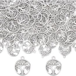 Charms 1 Box 100 Pcs Tree Of Life Bulk Tibetan Style Alloy Flat Round Pendants For Jewellery Making DIY Craft Dangle