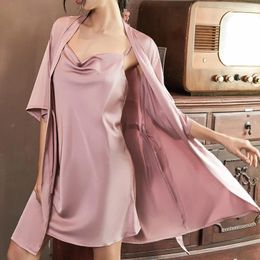 Home Clothing Pink Satin Robe Set Women Summer Kimono Gown Solid Silky Sleep Casual Nighty&Robe Female Nightgown Wear