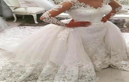Princess See Through V Neck Lace Sheath Wedding Dress with Detachable Train Long Sleeve Open Back Bridal Gown Custom Made Applique3887084