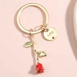 Keychains Lanyards Enamel Keychain Rose Flower Key Ring Love Chains Valentines Day Gifts For Couple Lovers Handbag Accessorie DIY Jewellery Q240403