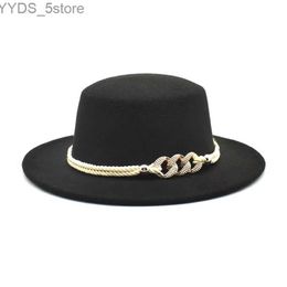 Wide Brim Hats Bucket Womens wool Trilby felt Fedora hat Mens elegant belt flat top jazz yq240407