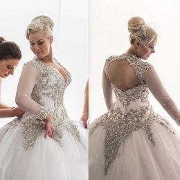 Dresses Luxurious Crystal Beaded Ball Gown Wedding Dresses Vintage Gothic V Neck Long Sleeve Floor Length Bridal Gowns Plus Size bride Dre