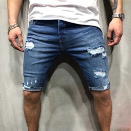 Men's Shorts New 2019 Summer Hole Denim Shorts Mens Jeans Shorts Hip Hop Slim Shorts Blue Light S-3XL J240407