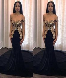 African Mermaid Black Prom Dresses Long Gold Appliques Elegant Off Shoulder Custom Black Girls Evening Gowns Celebrity Runway Dres8847462