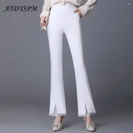 Women's Pants Fashion White Women Chic Lace Stitching Split Flare Vintage Korean Style Office Lady Straight Trousers Womens