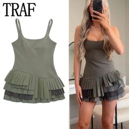 TRAF 2024 Women Sleeveless Slip Mini Dress Woman Pleated Ruffle Bodycon Asymmetric Backless Sexy Short Party Dresses 240325