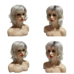 Short Wigs Women Curly Hair Like Human Wigs Silver Dark Roots Natural Back Warping Skew Bang Heat-resistant Chemical Fiber Wigs for Everyday Wear Romance Weave
