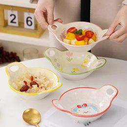 Bowls Creative Home Hand Painted Embossed Breakfast Salad Bowl Double Ear Ceramic Fruit Dessert Oatmeal Soup