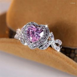 Wedding Rings Luxury Pink Zircon Promise Engagement For Women Silver Color Cute Love Heart Bands Valentine Day Party Jewelry CZ