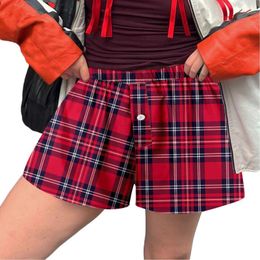 Women's Shorts Women High Waist Striped Cute Soft Elastic Low Plaid Print Button Front Pyjama Bottoms Boxer Sleepwear