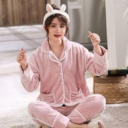 Home Clothing Casual Soft 2PCS Pyjamas Suit Autumn Coral Fleece Nightwear Women Long Sleeve Flannel Sleep Set Homewear