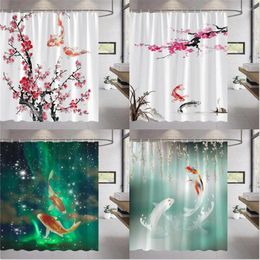 Shower Curtains 3D Koi Painting Curtain Set Red Plum Blossom Cherry Landscape Retro Home Decor Bathroom Accessories Bath