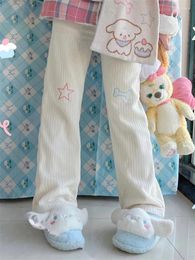 Women's Pants QWEEK Harajuku Kawaii White Corduroy Women Japanese Style Sweet Cute Wide Leg Trousers Korean Embroidery Girly Pantalon