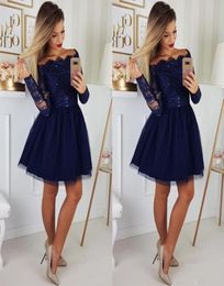 Long Sleeves Navy Blue Homecoming Dresses Knee Length Short Party Dress Lace Prom Gowns9747526