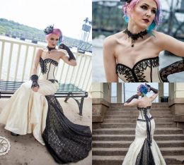 Dresses Goth Gothic Bridal Steampunk Gown Halloween Wedding Sweetheart Lace Up Back Sweep Train Satin robe de mariee Sweep Train Plus Size