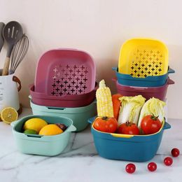 Storage Bottles 1Pc Blue Yellow Plastic Kitchen Double Drain Basket Bowl Washing Strainers Bowls Drainer Vegetable Cleaning Tool
