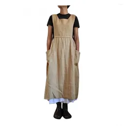 Party Dresses Women Solid Colour Sleeveless Square Neck Pockets Cotton Linen Apron Long Dress