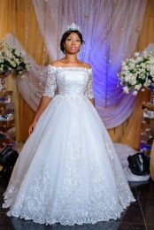 Dresses Arabic Nigerian Wedding Dresses Sheer Neck Long Illusion Sleeves Backless Sweep Train Lace Applique Wedding Bridal Gowns Custom