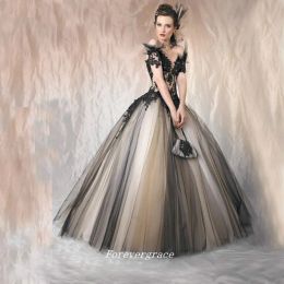 Dresses Vintage Short Sleeves Ball Gown Black Wedding Dress Puffy Applique Tulle Women Gothic Bridal Gown Plus Size