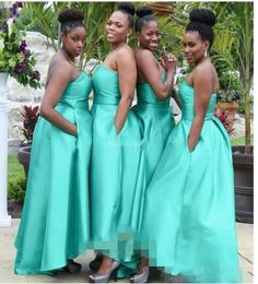 Elegant Turq African Cheap bridesmaid Dress Plus size strapless With Pockets Asymmetrical Cheap Bridesmaid Prom Evening Party Dres9588246