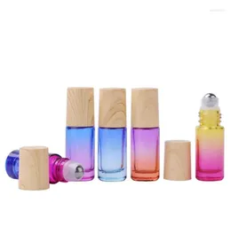 Storage Bottles 300pcs 5ML Gradient Colour Roll-On Perfume Essential Oil Bottle Steel Metal Roller Ball With Wood Looks Plastic Cap SN803