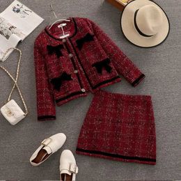 Two Piece Dress Womens tweed jacquard Christmas suit jacket top and skirt two-piece set elegant and unique winter party red clothC240407