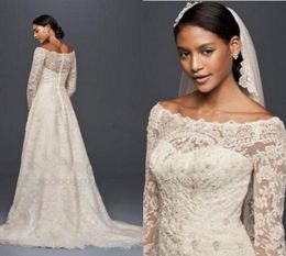 Oleg Cassini Modest Wedding Gown with Long Sleeves Lace Applique Offshoulder Garden Outdoor Wedding Dresses Plus Size Bridal Gown4997426