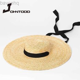 Wide Brim Hats Bucket Hats New summer sunscreen beach hat elegant and natural 15cm big straw hat wide brim Kentucky Derby ladies hat ribbon girl cap Bow 240407