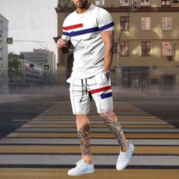 Mens Tracksuit 2 Piece Set Summer Stripe Sport Hawaiian Suit Short Sleeve T Shirt and Shorts Casual Fashion Man Clothing 240407