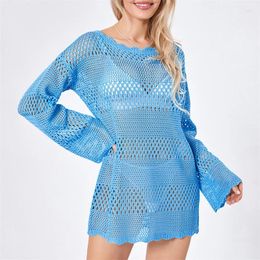 Casual Dresses Women Knitted Crochet Mini Dress Bathing Beachwear Solid/Contrast Color Long Sleeve Cutout See Through Loose Sunscreen