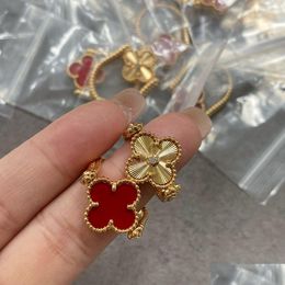 Band Rings Vintage Copper Dual Side Gold Red Four Leaf Clover Flower Charm Ring For Women Jewelry With Box Party Gift Drop Delivery Otko9