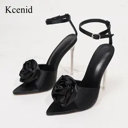 Sandals Kcenid Summer Women Pointed Toe Fashion Rose Flower Stiletto High Heels Buckle Strap Ladies Party Shoes