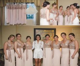 2020 Bling Sheath Bridesmaid Dresses V Neck Rose Gold Sequined Top Sashes Floor Length Chiffon Plus Size Maid Of Honour Wedding Gue2943861