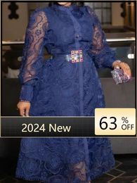 Ethnic Clothing Lace African Dress For Women Dashiki Africa Clothes Fall Fashion O Neck Long Sleeve Big Size Midi Elegant Robe Femme Party