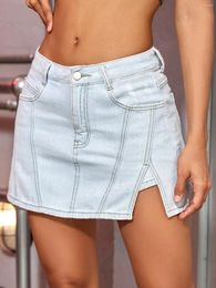 Women's Shorts Y2K 2024 Fashion Preppy Slant Pocket Ripped Seam Detail Split Hem Solid Denim Mini Skort Carnival Party