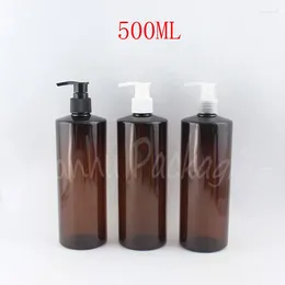 Storage Bottles 500ML Brown Flat Shoulder Plastic Bottle 500CC Shampoo / Lotion Packaging Empty Cosmetic Container ( 15 PC/Lot )