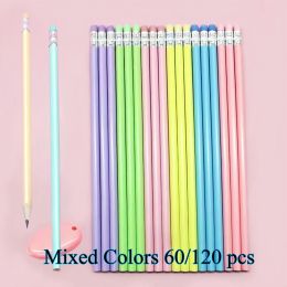 Pencils 60/120pcs Pencil Macarone Colours Triangle Shiny Wood Rubber Head Sketch Drawing Pen Office School Learning Stationery 2B HB Penc