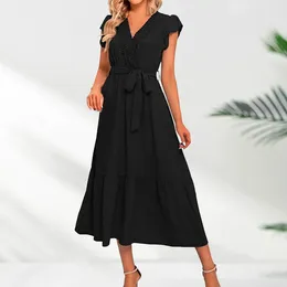 Party Dresses Women Summer Bohemian Casual Dress Wrap V Neck Ruffle Cap Sleeveless Belt A Line Pleated Hem Swing Midi Women's Sundress