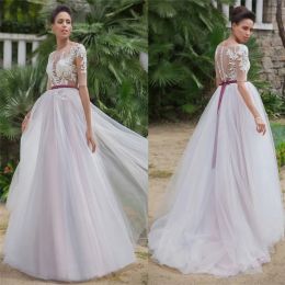 Dresses Half Sleeves Tulle Lace Appliques ALine Wedding Dresses With Ribbon Bridal Gowns Buttons Back Custom Wear Spring Robe