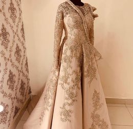 Aso Ebi 2020 Arabic Muslim Lace Beaded Evening Dresses Long Sleeves Prom Dresses Sexy Gold Formal Party Second Reception Gowns ZJ31628836