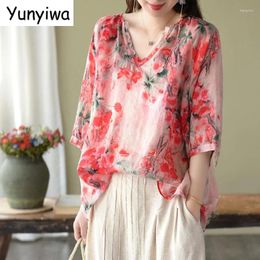 Women's Blouses Summer Shirt Vintage Floral Print Tops Women V Neck Leisure Chic Loose Cotton Linen Thin Half Sleeve Shirts Lady Blusas