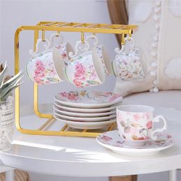 Cups Saucers Ins European 2 Pcs Cup Saucer Set Pastoral Style Concentrated Ceramic Coffee Small Teacup Flowers Birds Home Drinkware Gift