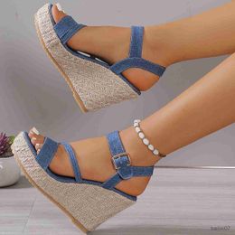 Dress Shoes Womens Denim Wedge Sandals Fashion Open Toe Ankle Buckle Strap High Heels All-Match Comfort Platform Sandals