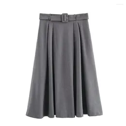 Skirts UNIZERA 2024 Spring Women's Grey Design High Waist Personalized Half Skirt Belt Simple Midi Cape