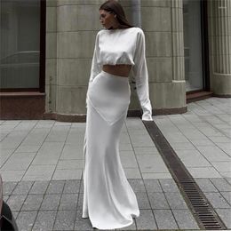 Skirts Women White Satin Top And Skirt 2 Piece Sets Sexy Long Sleeve Crop Tops With High Waist Floor-Length Trumpet Outfit